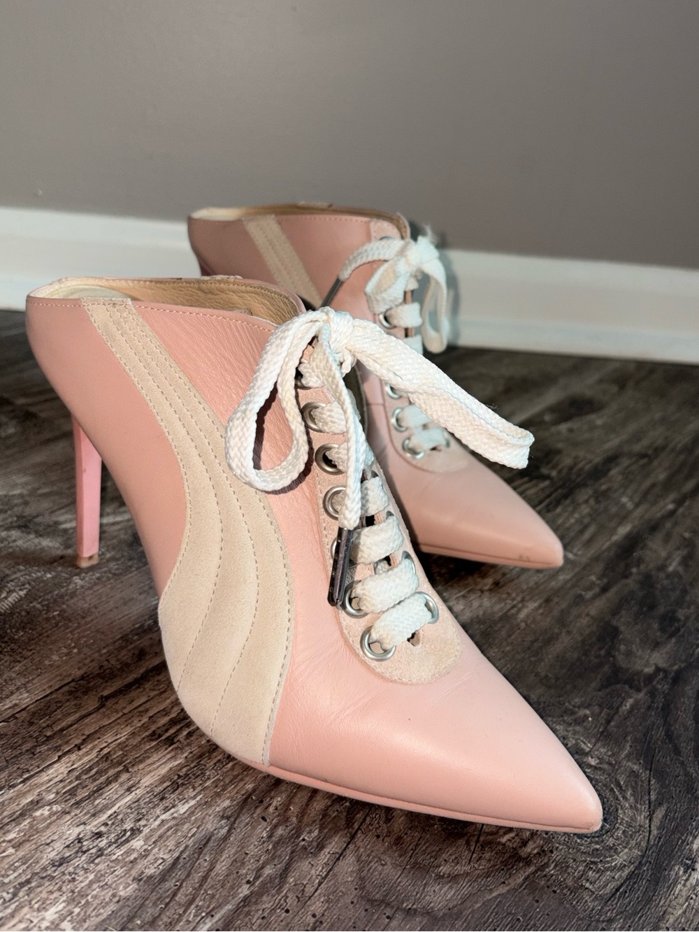 Puma X Fenty by Rihanna Pink Lace Up Leather Mule Sneaker Heels